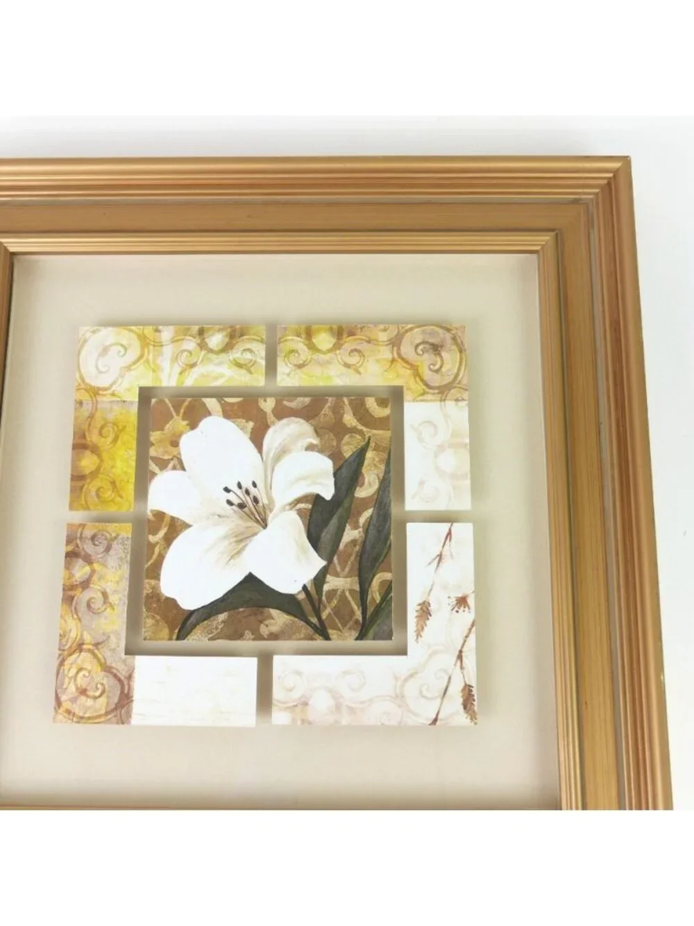 Vintage White Lily Floral Wall Art Collage Print Gold Color Frame 16” Square